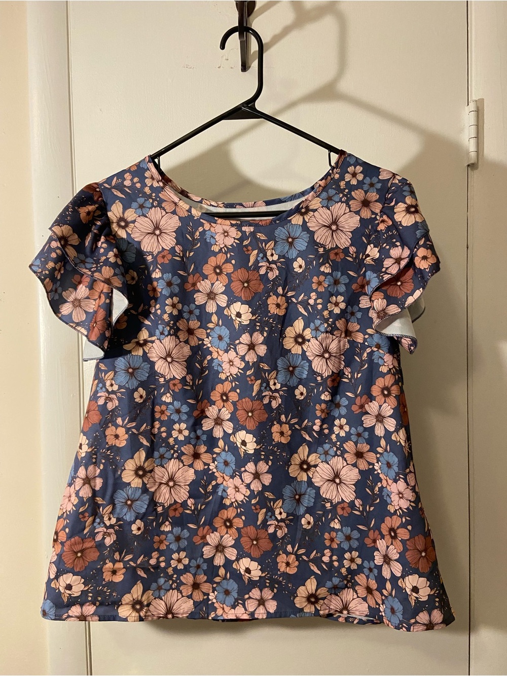 SHEIN Navy Floral Ruffle Sleeve Top with Pink & Blue Flowers
